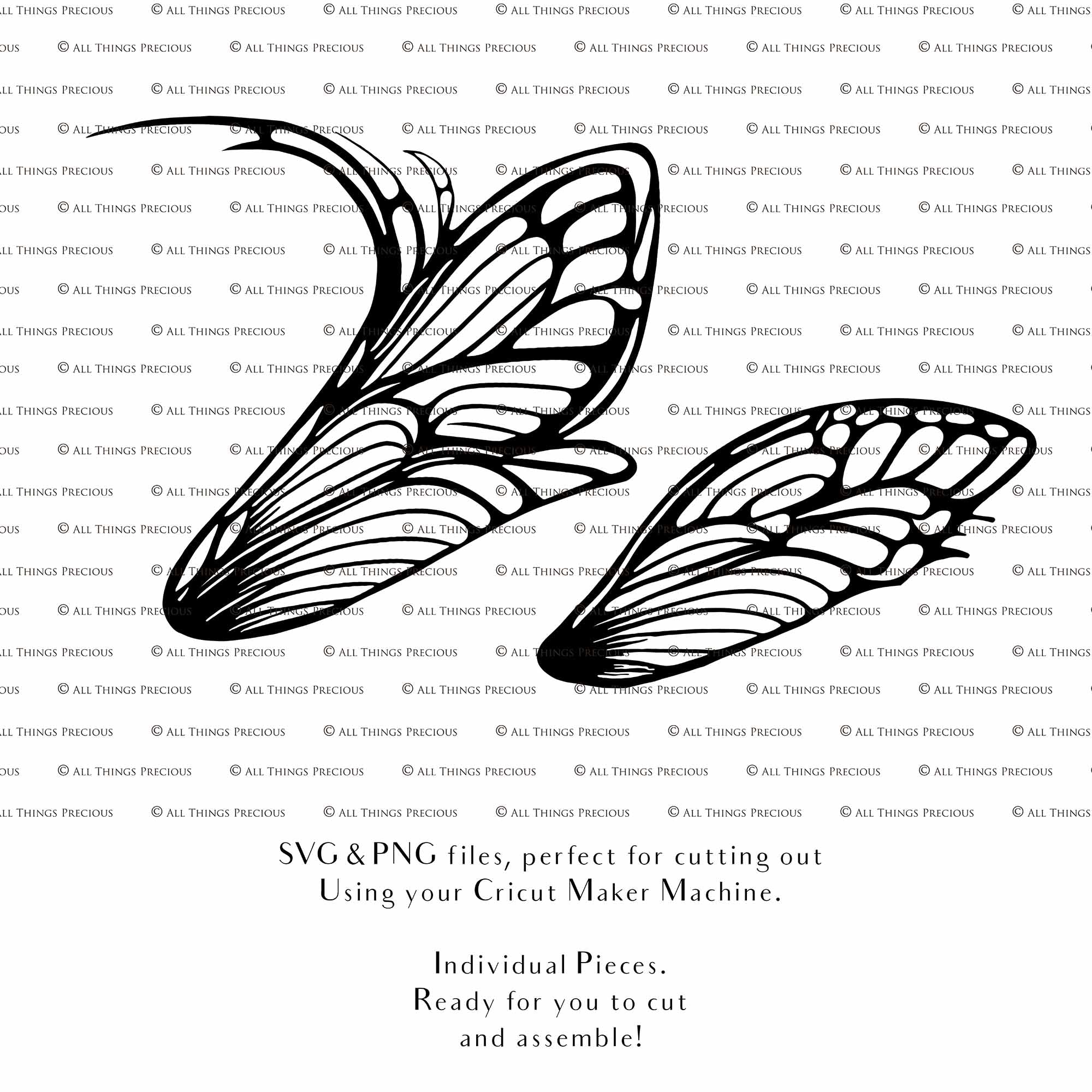 SVG & PNG Fairy Wing files for Cricut or Silhouette Cameo Cutting Machine. To create wearable fairy wings, in adult or children sizes. These are Individual Wing Pieces, for you to cut and assemble. This is a DIGITAL product.